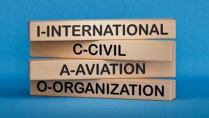 Closeup wood cubes into the row to complete the word icao, converge benefits, mutal benefits concept.3D rendering on blue background.