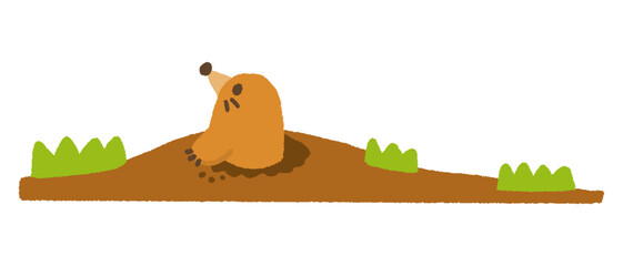 春が来て土から出てきたモグラのイラスト　手書き
