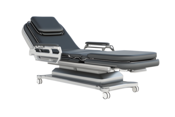 Empty dark blue bed of Hospital with pillow and blanket isolated on cut out PNG or transparent background. Patient room background, insurance concept. Hospital room awaits treatment from doctor.