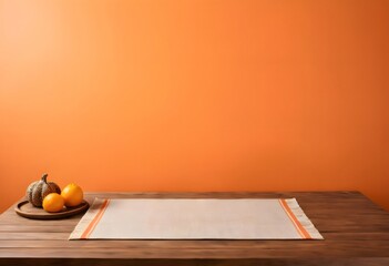 Thanksgiving table setting with placemat, pumpkin, and tangerines on rustic wood against orange backdrop