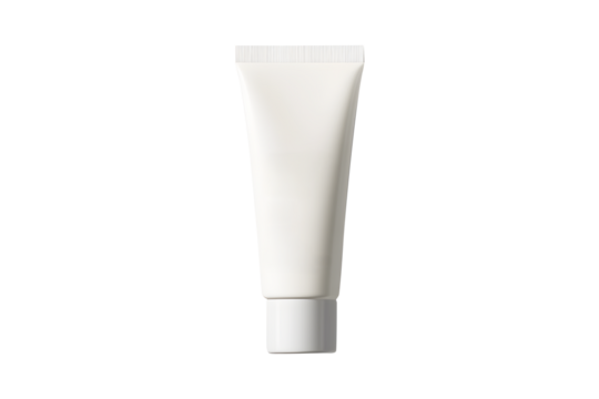 Cream tube plastic luxurious light white portable isolated on cut out PNG or transparent background. Modern bottle packaging products. Collapsible squeeze tube cosmetic containers with flip lid.