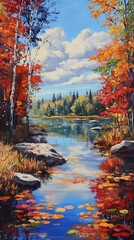 Obraz premium Vibrant autumn landscape with serene water reflection and colorful trees.