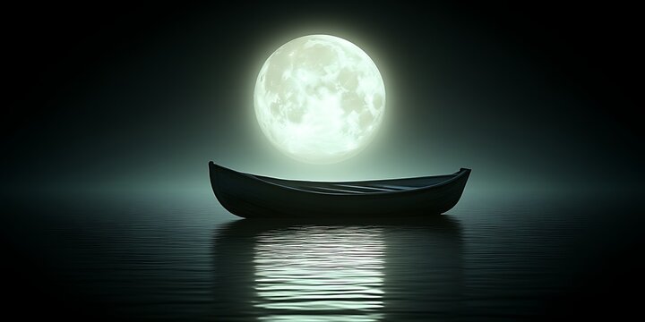 Solitary boat under a full moon.