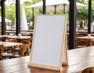 Blank whiteboard menu sign standing on wooden table in restaurant, showing a blank whiteboard for displaying menu or advertising