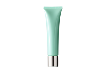Cream tube plastic tall green portable isolated on cut out PNG or transparent background. Collapsible squeeze tube cosmetic containers with flip lid. Modern bottle packaging products.
