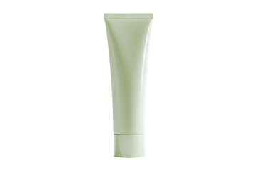 Cream tube plastic luxurious light green portable isolated on cut out PNG or transparent background. Modern bottle packaging products. Collapsible squeeze tube cosmetic containers with flip lid.