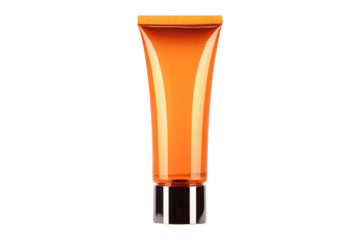 Cream tube plastic orange, gold portable isolated on cut out PNG or transparent background. Collapsible squeeze tube cosmetic containers with flip lid. Modern bottle packaging products.