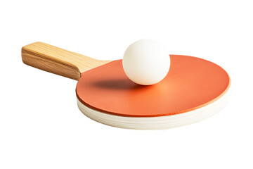 Ping pong racket red and ball smooth and white isolated on cut out PNG or transparent background. Table tennis paddle addle features wooden handle. Ideal for themes of sport recreation and fitness.	