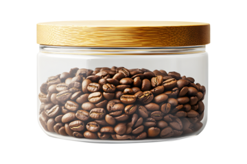 Coffee beans dark brown in plastic or glass jar clear and brown wooden cover isolated on cut out PNG or transparent background. Ideas for themes related to products. Preservation and storage.