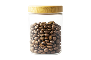 Coffee beans dark brown in plastic or tall glass jar clear and brown wooden cover isolated on cut out PNG or transparent background. Preservation and storage. Ideas for themes related to products.