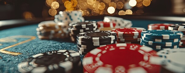 Colorful poker chips stacked on a table with a blurred background.
