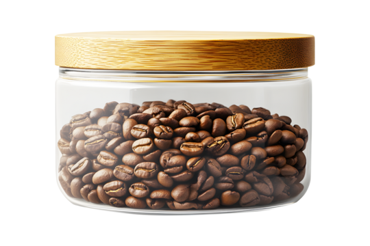 Coffee beans dark brown in plastic or glass jar clear and brown wooden cover isolated on cut out PNG or transparent background. Ideas for themes related to products. Preservation and storage.