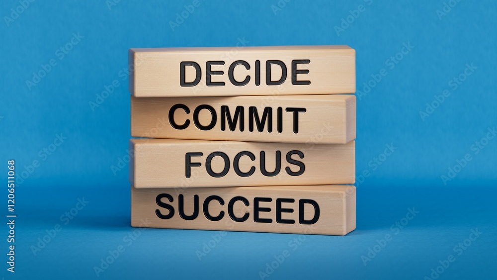 Poster decide commit focus succeed symbol. concept words decide commit focus succeed on wooden blocks.busin