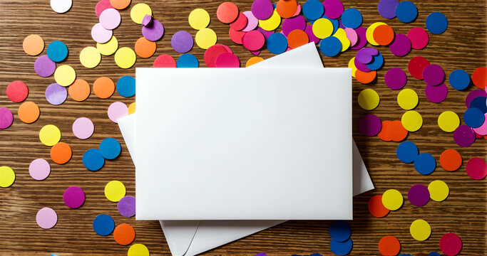 Blank Greeting Card and Colorful Confetti on Wooden Surface