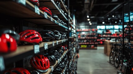 Display of red cycling helmets in a modern sporting goods store.