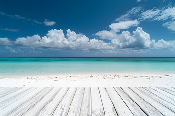 Fototapeta premium Landscape empty white wooden floor or table with sea waves hitting shore. Summer sea blue and white beach, rocks, Cloudy sky with bright sunlight is background. Interior display show products.