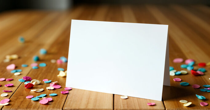 Blank Greeting Card and Colorful Confetti on Wooden Surface