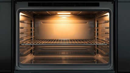 Empty modern oven interior with warm light and metallic racks.