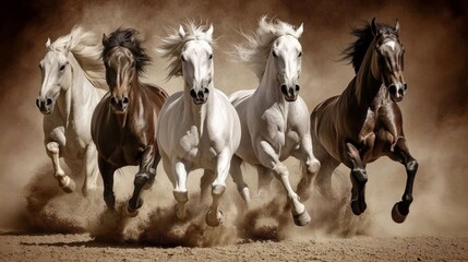 Obraz premium Five Horses Running in Desert Dust