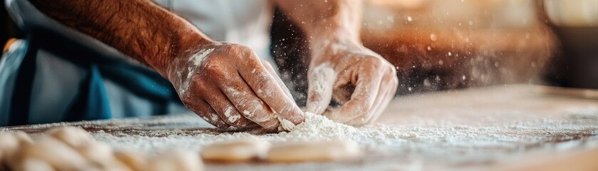 Fototapeta premium Hands preparing dough on a floured surface in a cozy kitchen.