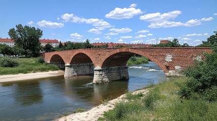 Fototapeta premium Brick Arch Bridge Over Serene River Surrounded by Lush Greenery