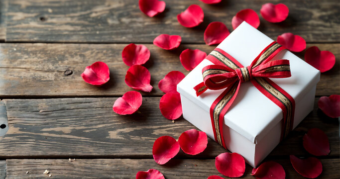 Gift Box with Ribbon Tied on Rustic Wood Surrounded by Rose Petals