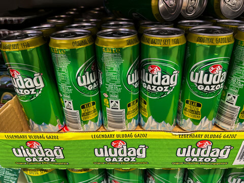 Refreshing Uludag Gazoz Soft Drink Cans on Display