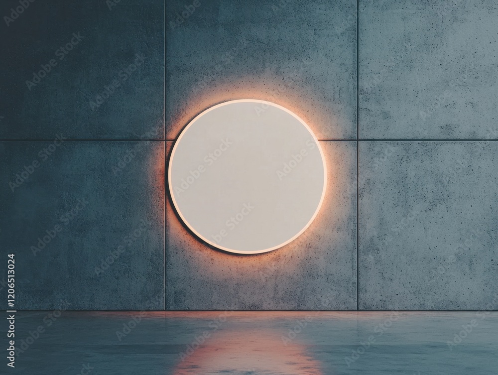 Poster modern circular design element illuminated on a concrete wall.
