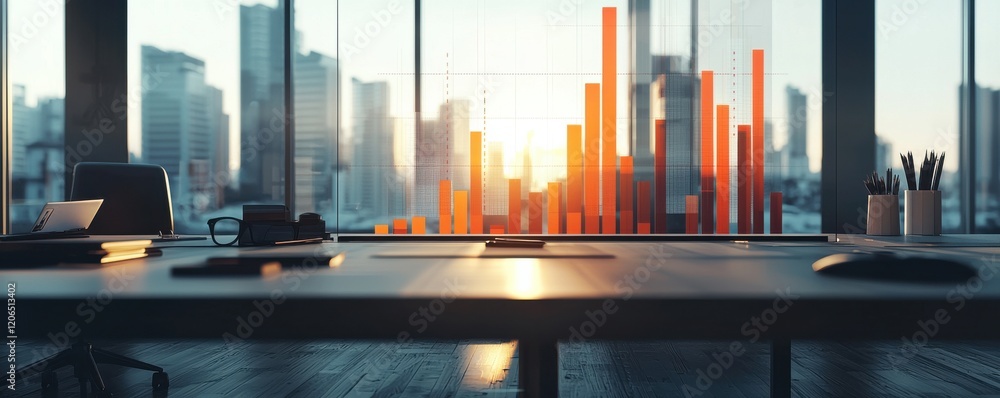 Poster modern office with city skyline view and graph data visualizations.