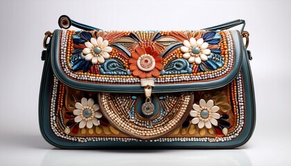 Beaded handbag with floral and geometric design. Teal, orange, and brown tones.