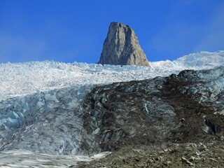  a steep rock spire in the sermeq glacier at the end of the tasermuit fjord on a sunny summer day near nanortalik, in southern greenland