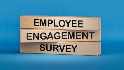 Employee Engagement Survey. Wooden cube blocks. Copy space.3D rendering on blue background.