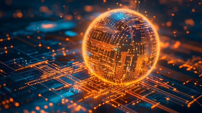 Illuminated Sphere Rests on a Circuit Board - Powered by Adobe