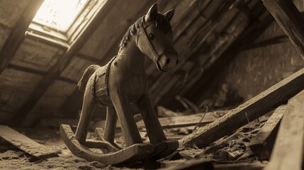 Forgotten Rocking Horse in a Dusty Attic