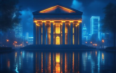 Obraz premium Night city temple reflection, urban scene, architectural design