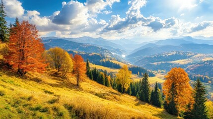 Naklejka premium Autumnal Mountain Majesty: A Breathtaking Panorama of Golden Hills and Vivid Foliage