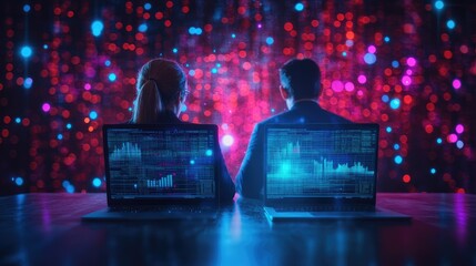 Business People Analyzing Digital Financial Data on Hologram Interface