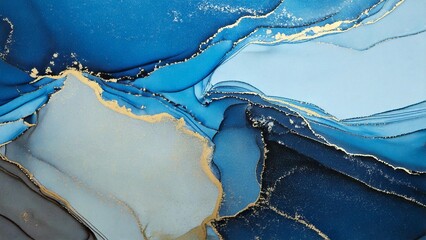 高級感のある水彩風背景イラスト アルコールインクアート チラシ・Web・動画背景素材16:9サイズ 水色 ブルー ゴールド AI生成素材