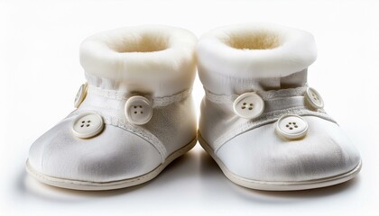 Adorable baby booties in soft white satin, perfect for a newborn.