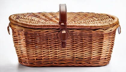 Rustic woven picnic basket with a leather handle.