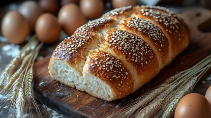 Baking Fresh Sesame Bread with Eggs Rustic Kitchen Food Photography Warm Atmosphere Close-Up Culinary Delight