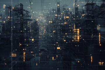 Abstract digital city glowing at night. Illustrates complex network, data flow, and futuristic technology.