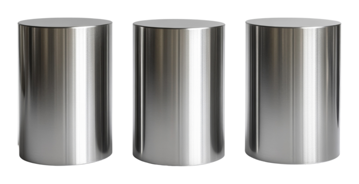 Three polished metal cylinders in a row on transparent background, industrial design and material concept