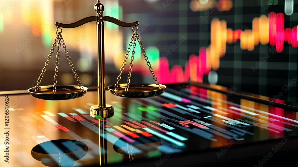 Poster scales of justice placed over data charts in a financial setting during the evening