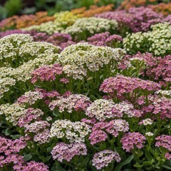 A bed of pastel-colored alyssum in a flower garden.