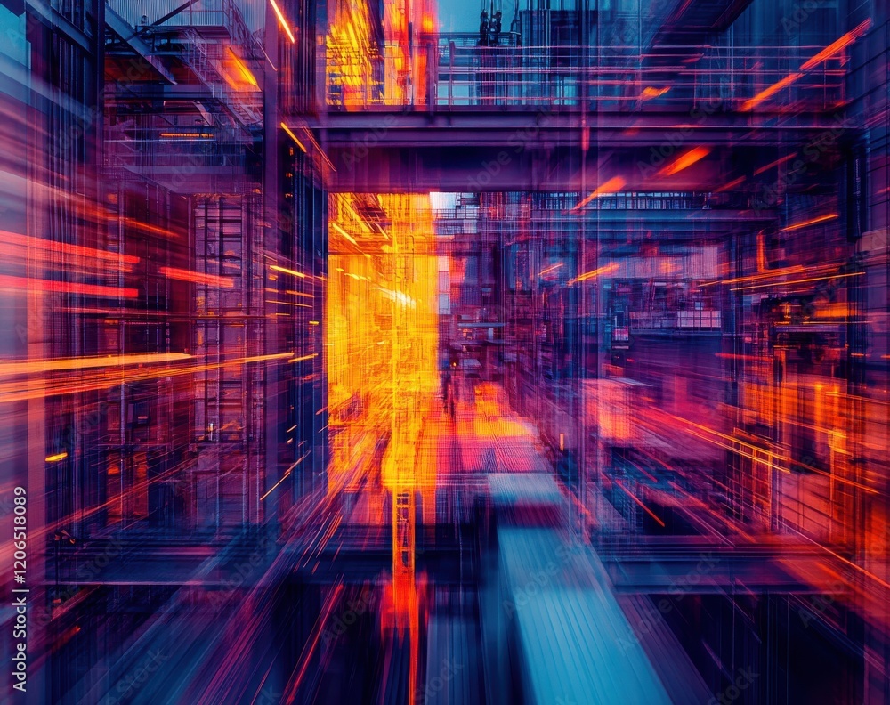 Poster abstract blur of industrial architecture with vibrant lights and dynamic motion, capturing the energ