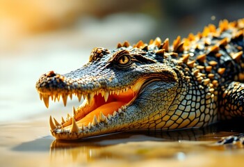 Obraz premium Young Crocodile Portrait: Sunlit Scales and Open Jaws