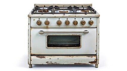 Fototapeta premium Vintage Retro Gas Stove, Antique Kitchen Appliance, White Isolated Background, Aerial View