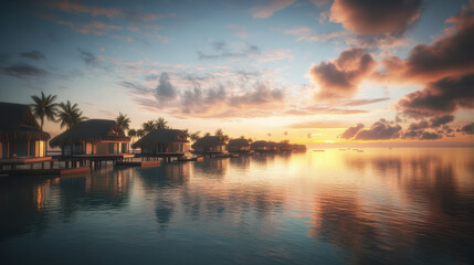 Naklejka premium Scenic Overwater Bungalows at Sunset by the Ocean