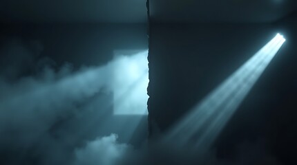 Dark room, light beam, smoke, wall, mysterious.